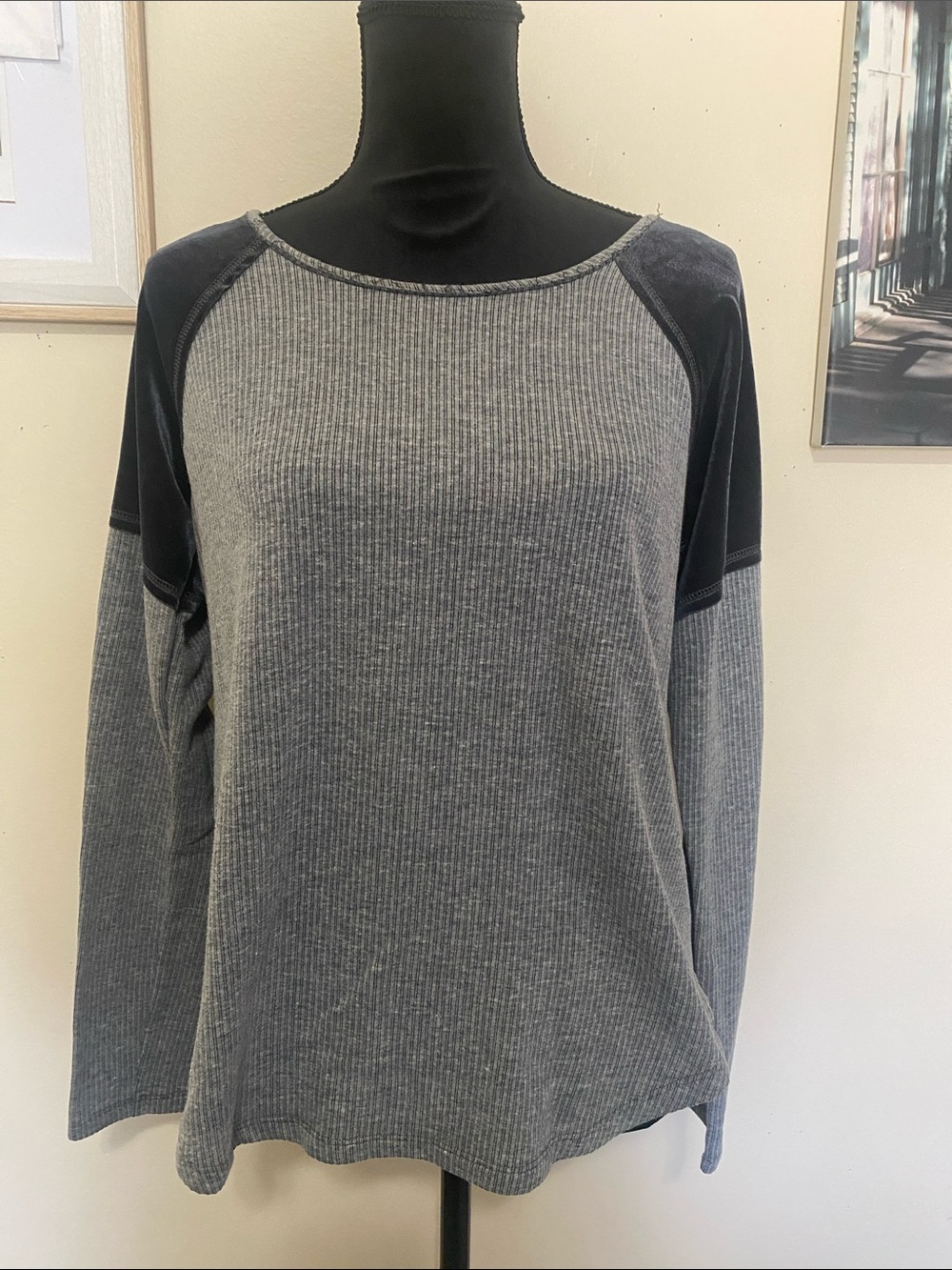 Hem & Thred Gray Long Sleeve Ribbed Tee with Blue Shoulder Panels Sz Small